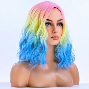Women Short Curly Wavy Girls Hair Wigs Ombre Multi Color Synthetic Hair Wigs